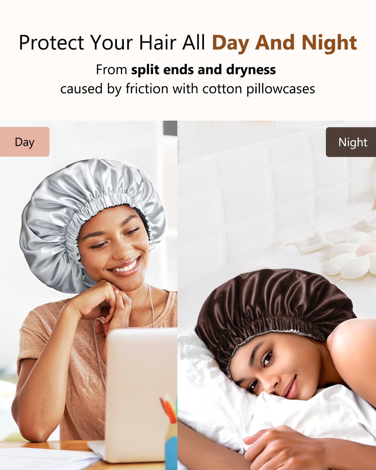 mikimini Satin Bonnet Pack of 2 for Men and Women, Reversible Double Layer Sleeping Silk Bonnet for Curly Hair Braids with Adjustable Widened Elastic Band Super Large Soft(XL, Chocolate/Silver)