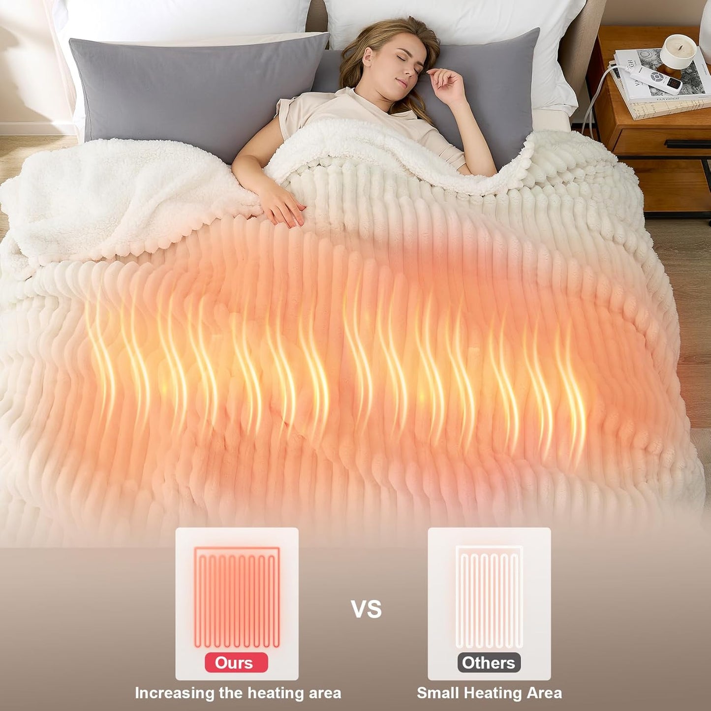 Hansleep Heated Blanket Queen Size Electrci Throw Dual Control, Heating Blanket with 9 Heating Levels and 10-Hour Timer Auto Shut Off, Washable Soft Warm Winter Blanket, 80 x 90 Inches, Beige