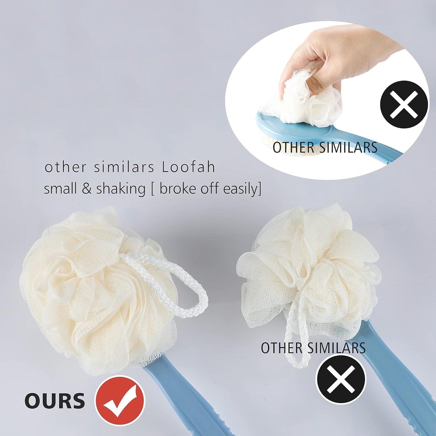Shower Body Brush with Bristles and Loofah,Back Scrubber Bath Mesh Sponge with Curved Long Handle for Skin Exfoliating Bath, Massage Bristles Suitable for Wet or Dry, Men and Women (Black)