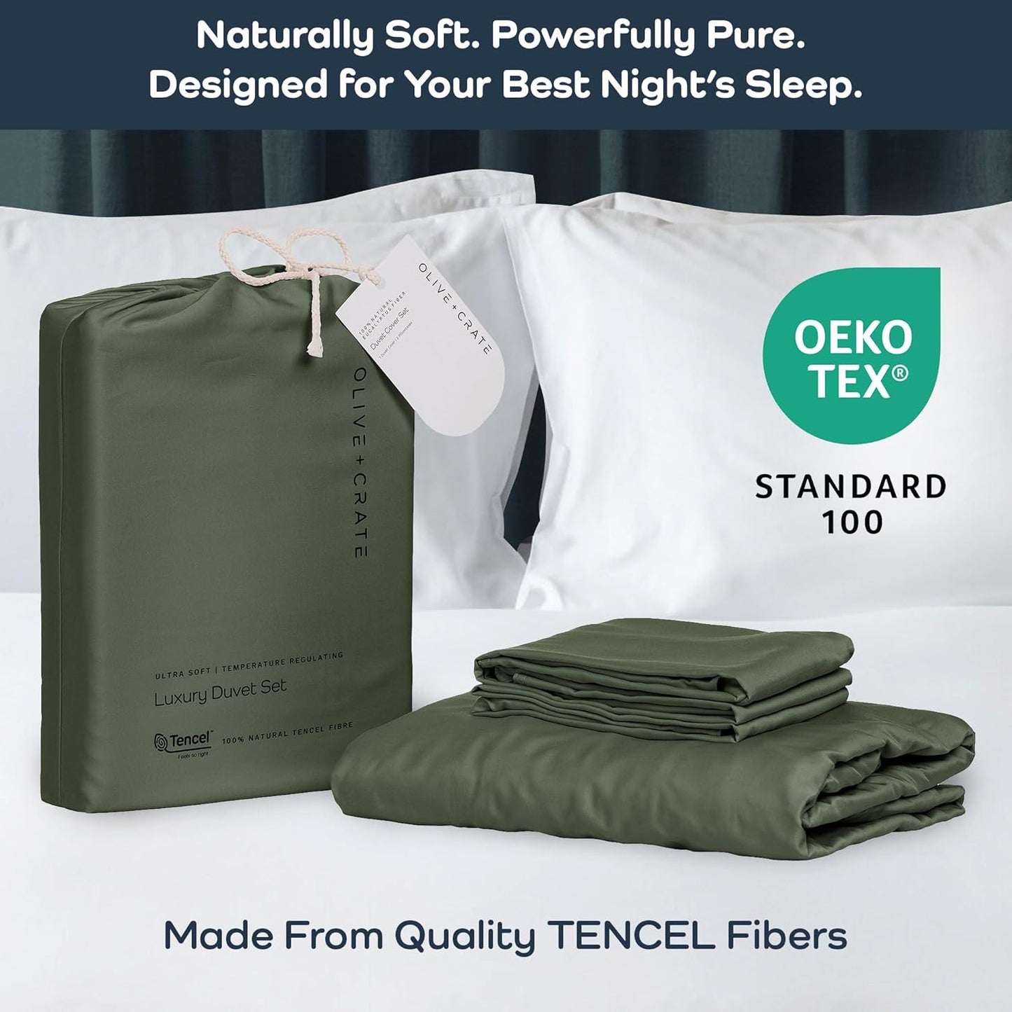 Olive + Crate Tencel Eucalyptus Cooling Duvet Cover Set - Hypoallergenic, Lyocell Tencel Duvet Cover - Soft, Temperature Regulating with Hidden Button Closure & Corner Ties - Queen Size [Moss]