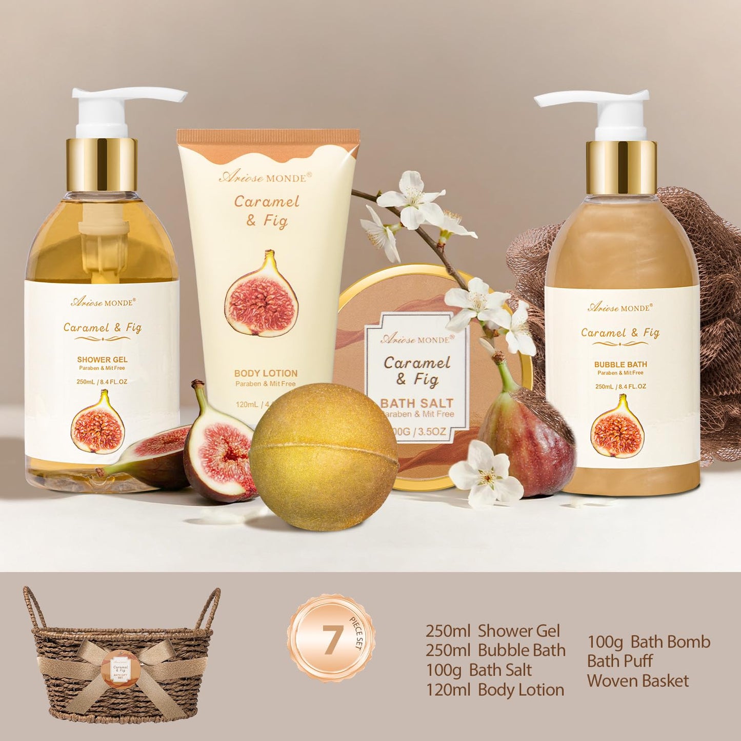 Christmas Gifts for Women Spa Baskets for Women Gift, Warm Caramel & Fig Bath Gift Set with Shower Gel Self Care Pampering Gifts for Mothers Day, Birthday, Anniversary Gift