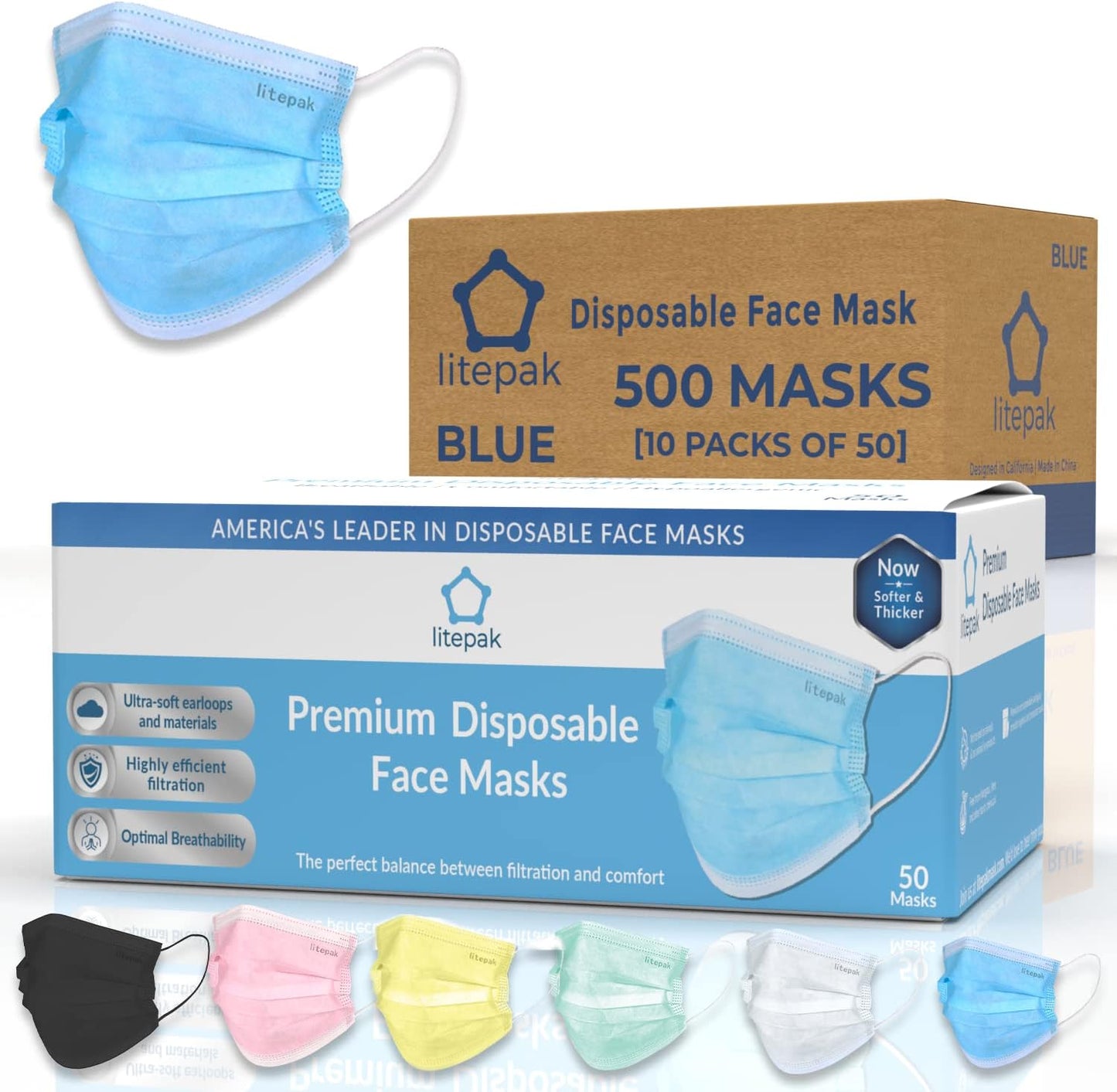 Litepak 500pcs Premium Disposable Face Mask SOFT 3ply Nose Wire
