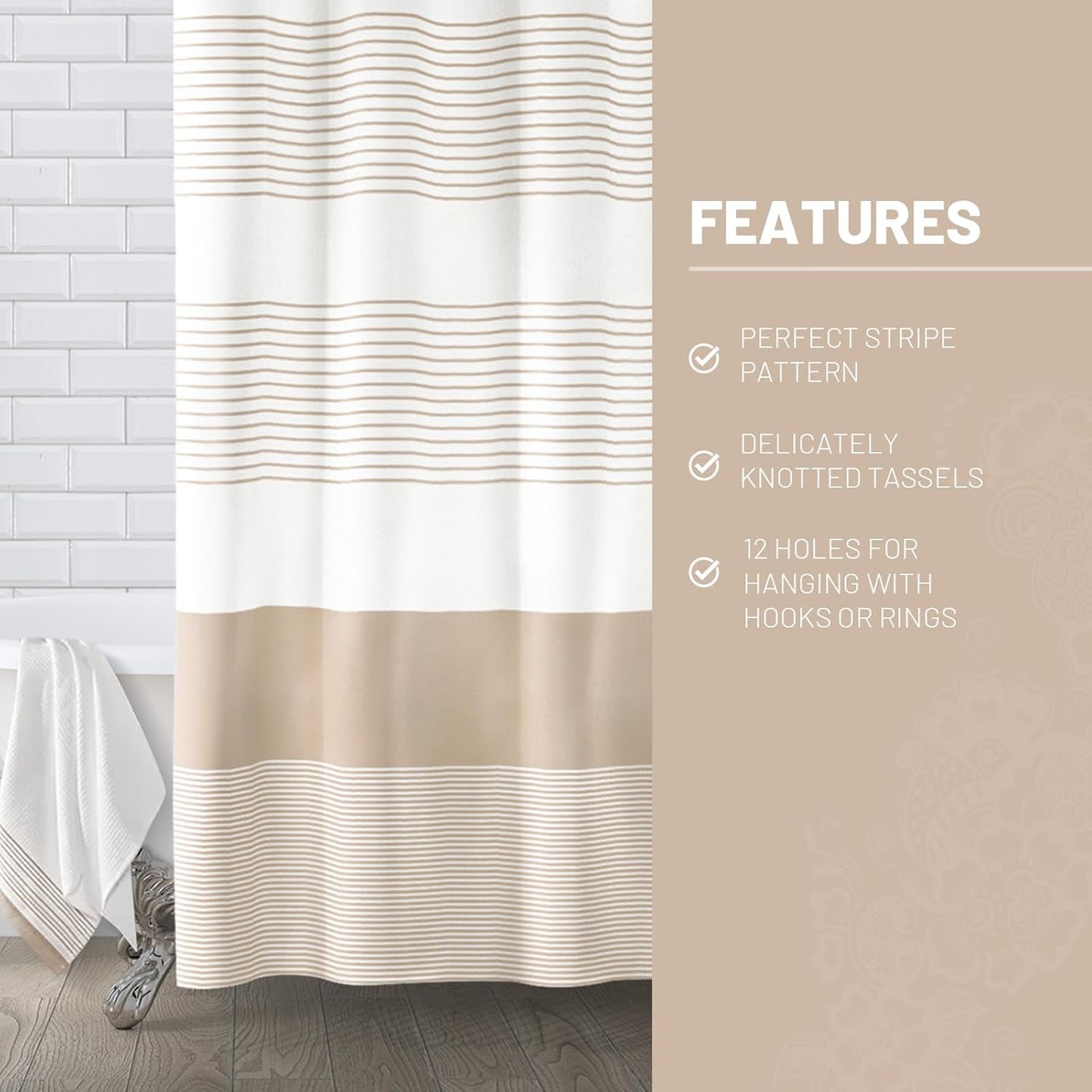 Awellife Boho Beige Shower Curtain for Bathroom Stripe Shower Curtain 72 X 72 Inches Farmhouse Cotton