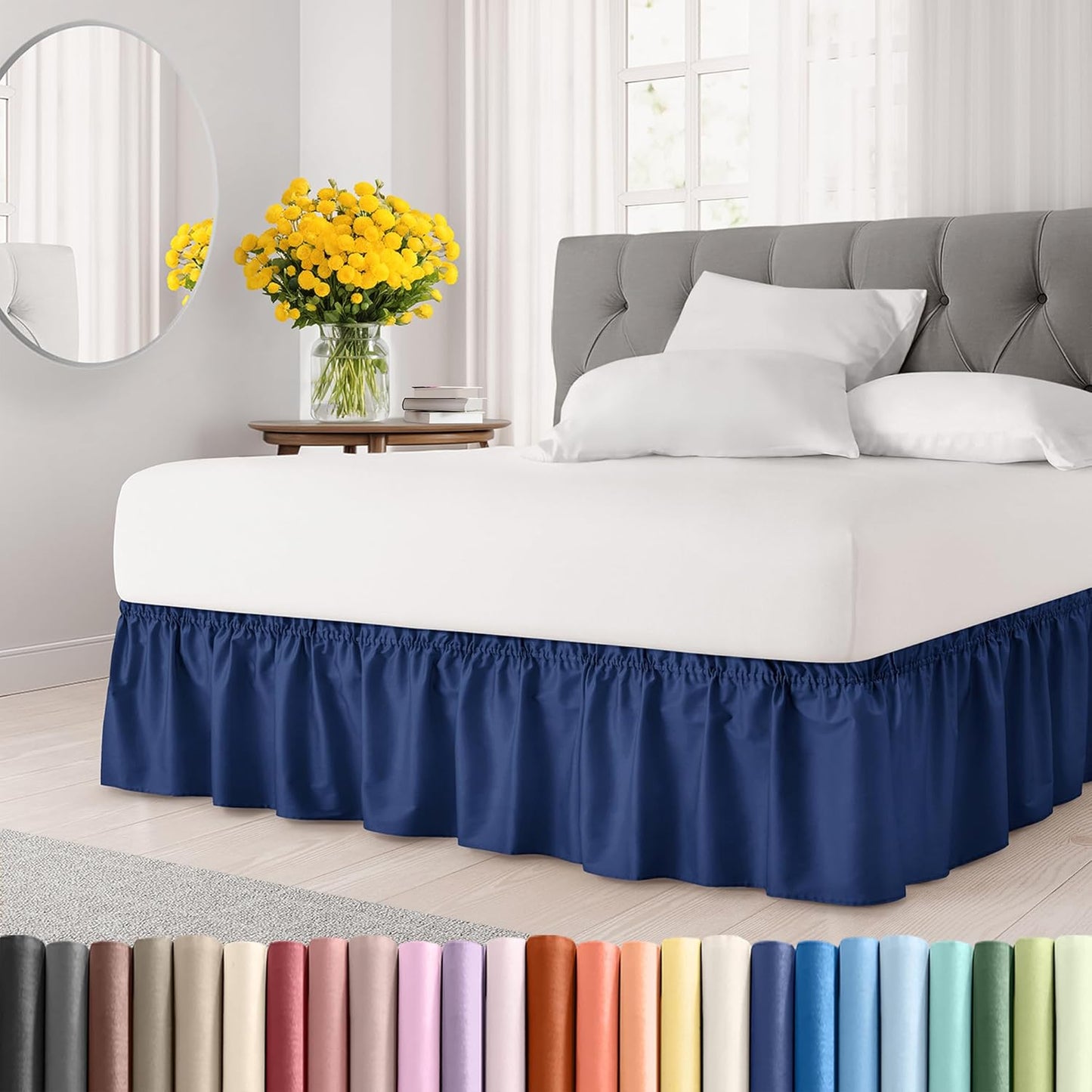 Wrap Around Dust Ruffle Bed Skirt - Navy Blue - for Queen Size Beds w/ 16 Inch Drop - Easy Fit Elastic Strap - Adjustable Pleated Bedskirt with Brushed Fabric, Wrinkle Free Women, Men, Kids and Teens