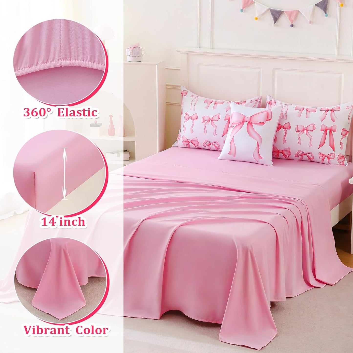 6 Pieces Full Comforter Sets with Sheets Pink Bed in a Bag for Girls,Bow Comforter Set,Bow Full Bedding Sets for Kids