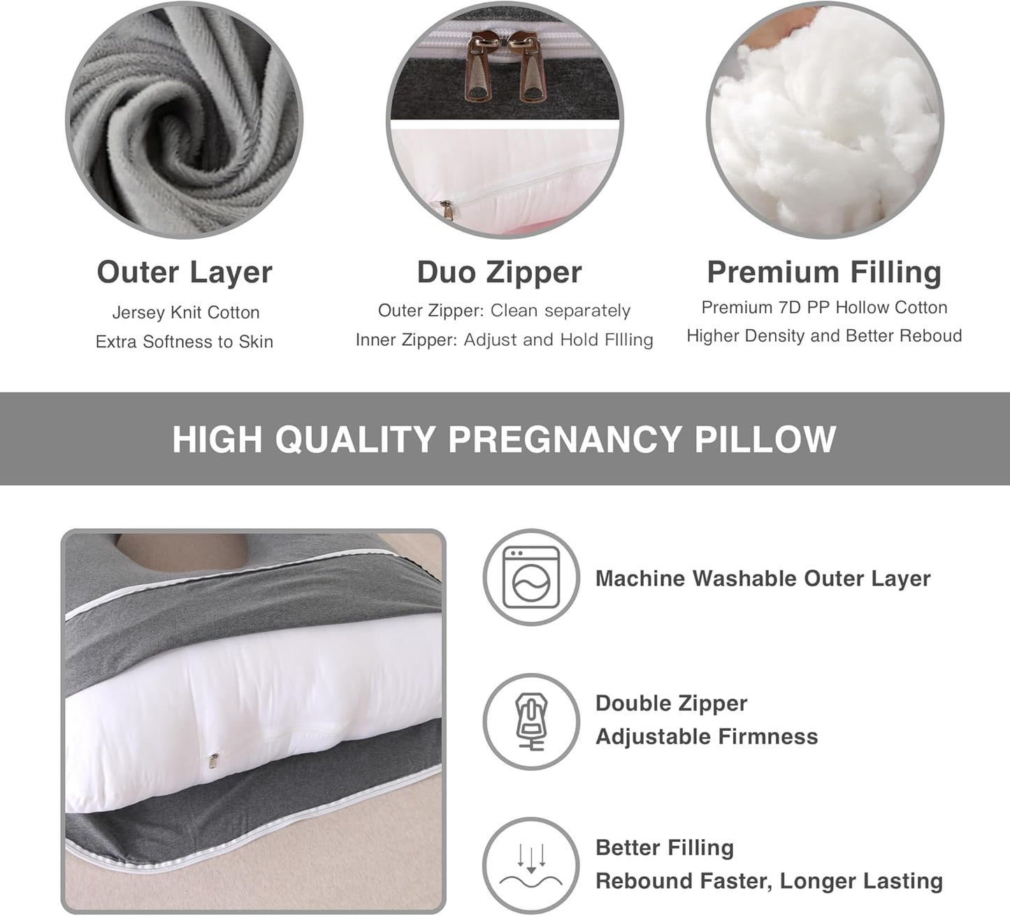 ALLOPERA Pregnancy Pillow, Full Body Maternity Pillow 57 inch, with Removable Washable Cover - Support for Legs, Back, Neck, Shoulder, HIPS, Belly for Pregnent Women, Jersey Knit Cotton (Dark Grey)