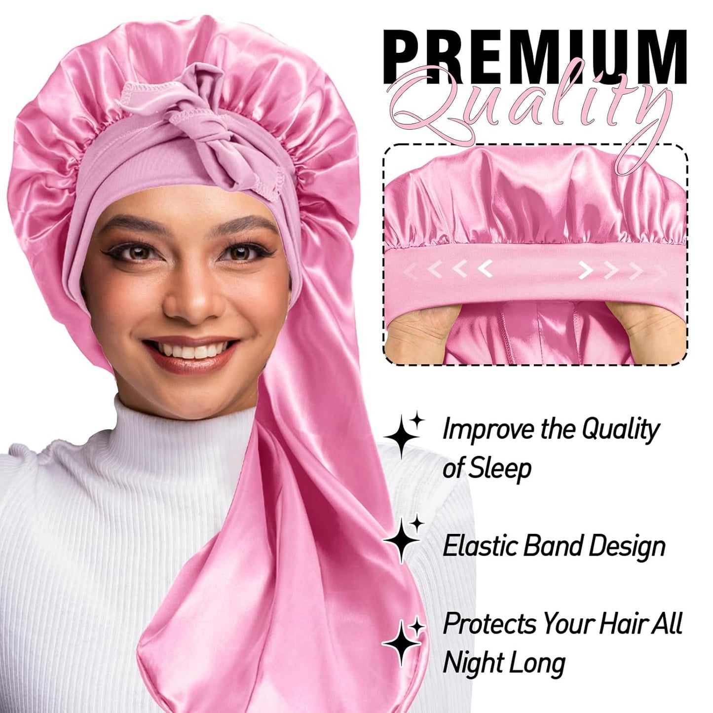2Pcs Bonnets for Black Women Braid Bonnet, Large Long Satin Bonnet for Braids, Silk Bonnet with Stretchy Tie Band Sleep Cap Hair (2Pcs-Black&Pink)