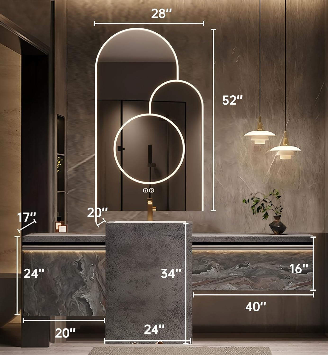 Single Sink Freestanding Bath Vanity, Modern Bath Vanity with LED Smart Mirror, 84IN Solid Wood Floating Bathroom Sink Cabinet with Marble Slate Top and Large Storage Drawer