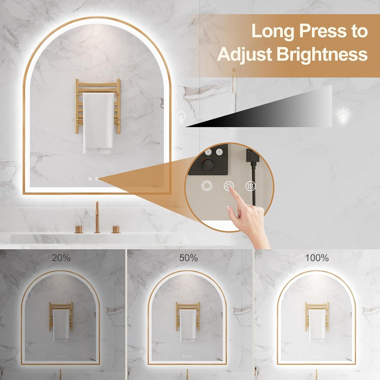 Arched LED Mirror for Bathroom 30"x36", Orange Gold LED Bathroom Mirror with Lights-Fogless, Dimmable, 3 Color Changing, Shatterproof, Touch Sensor