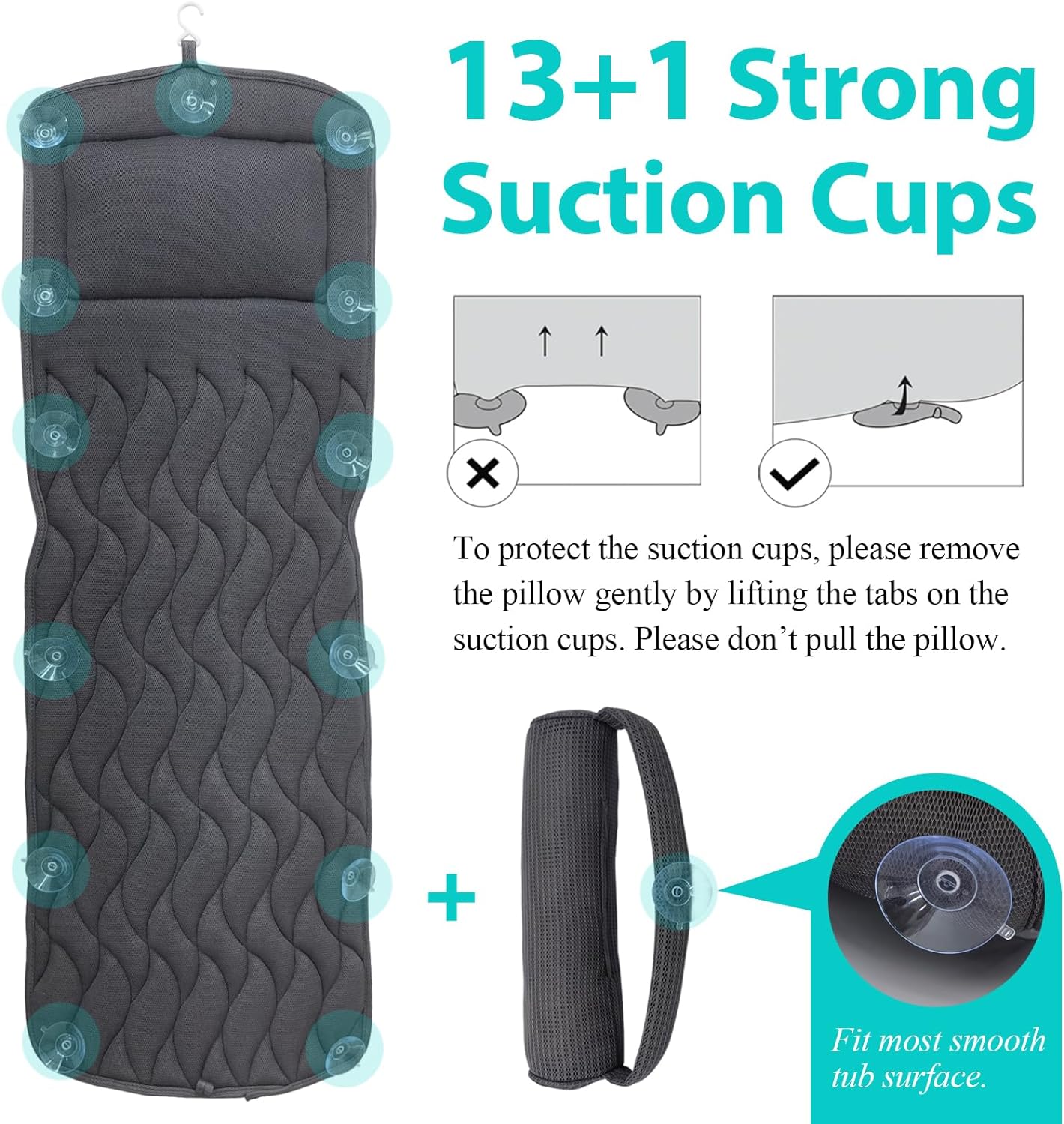 AEROiVi Full Body Bath Pillow with Adjustable Lumbar Roll Pillow Bathtub Cushion with 14 Suction Cups 3D Air Mesh Fit Any Tub Gray Bathroom Accessories