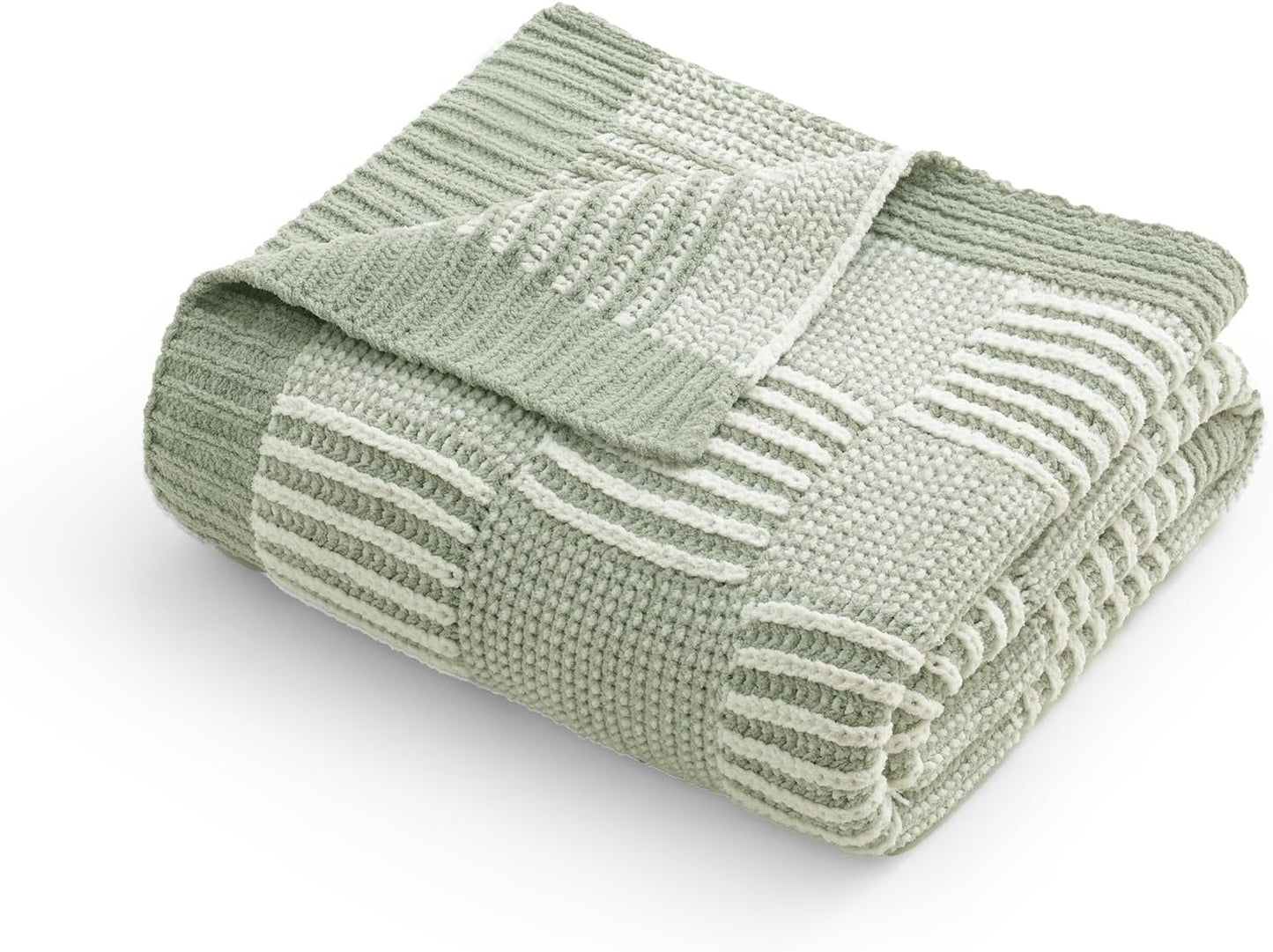 Amélie Home Checkered Knit Throw Blanket for Couch, Chenille Texture Decorative Soft Blanket for Sofa & Chair, 50"x60", Sage Green & White