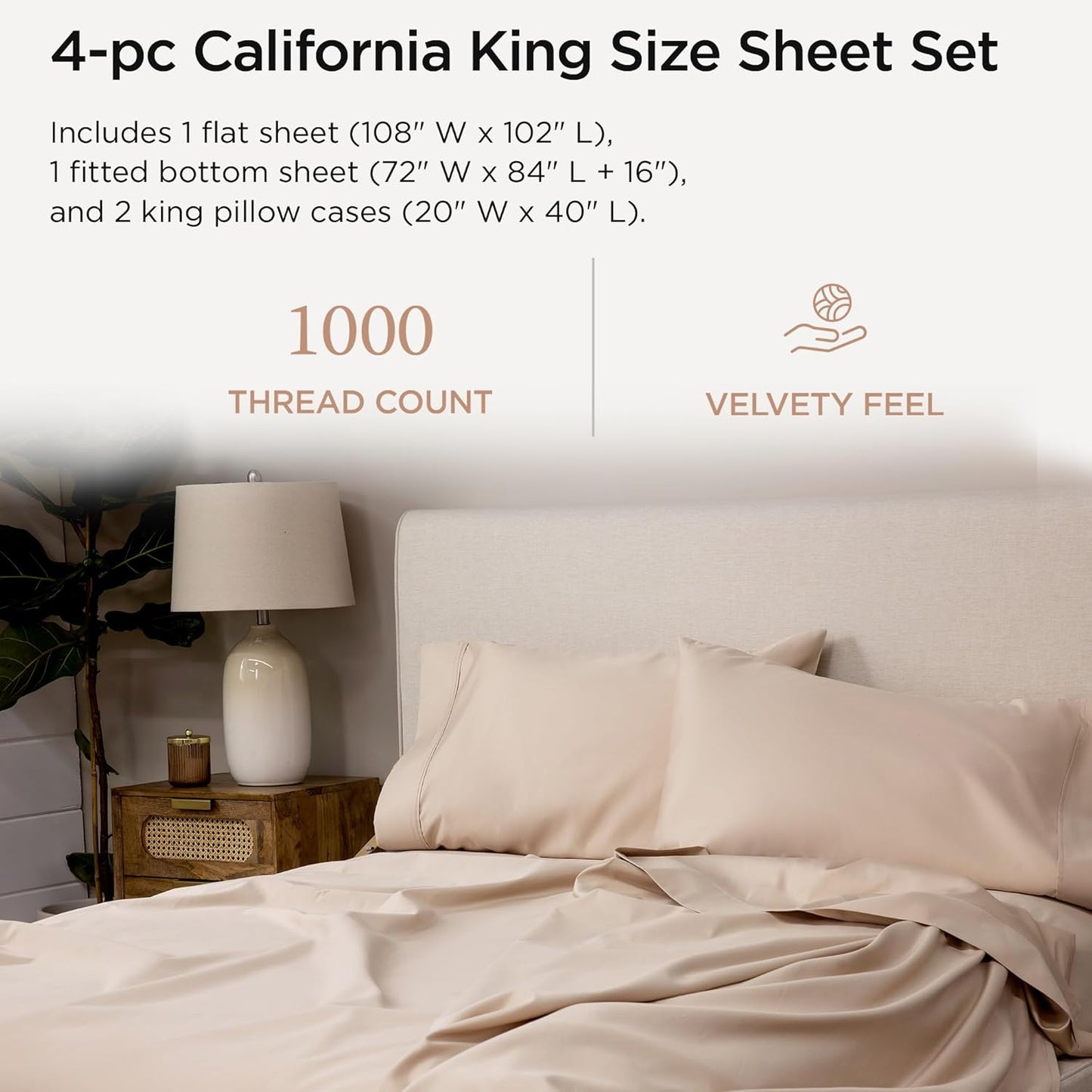 Threadmill Supima Cotton Sheets, 1000 Thread Count Soft 100% Cotton Sheets for Cal King Size Bed, 4 Pc Beige Cal King Bed Sheet Set, 5-Star Hotel Quality, Elasticized Deep Pocket Cal King Sheet