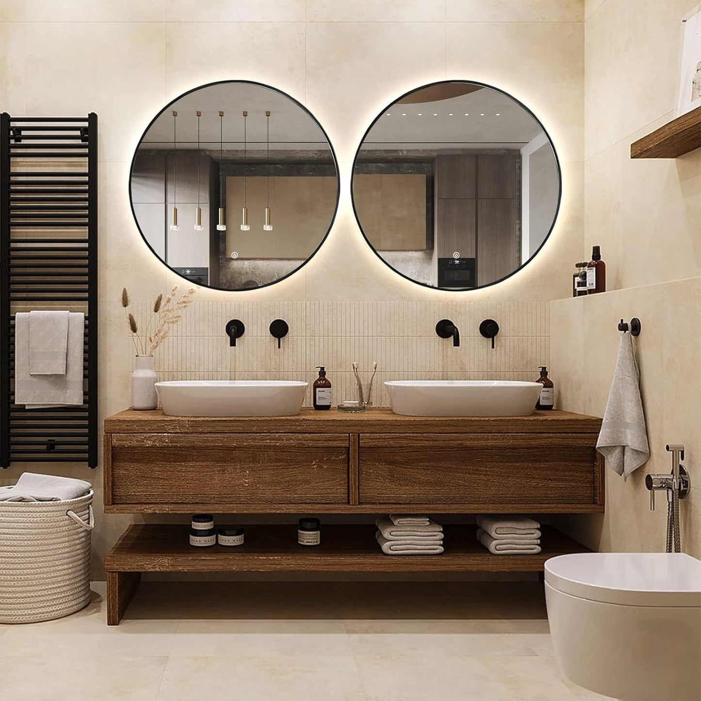 Niccy 40" LED Backlit Round Mirror for Bathroom, Black Framed Vanity Light Wall Mirrors LED Smart Circle Mirrors with 3 Lighting Colors, Lighted Round Mirror with Anti-Fog, IP65 Waterproof