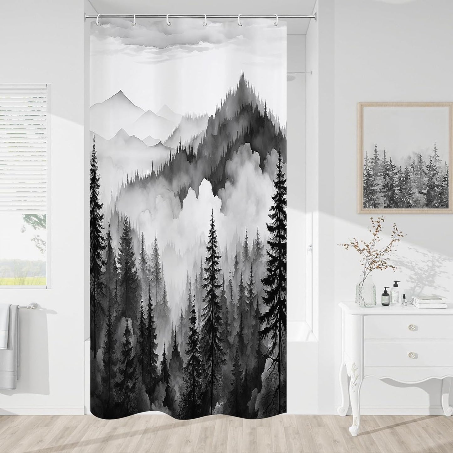 Black Small Stall Misty Pine Forest Shower Curtain 36 x 72, Mountain Foggy Woodland Scenery Tree Narrow Half Size Shower Curtains for Bathroom, Abstract Waterproof Nature-Themed Decor