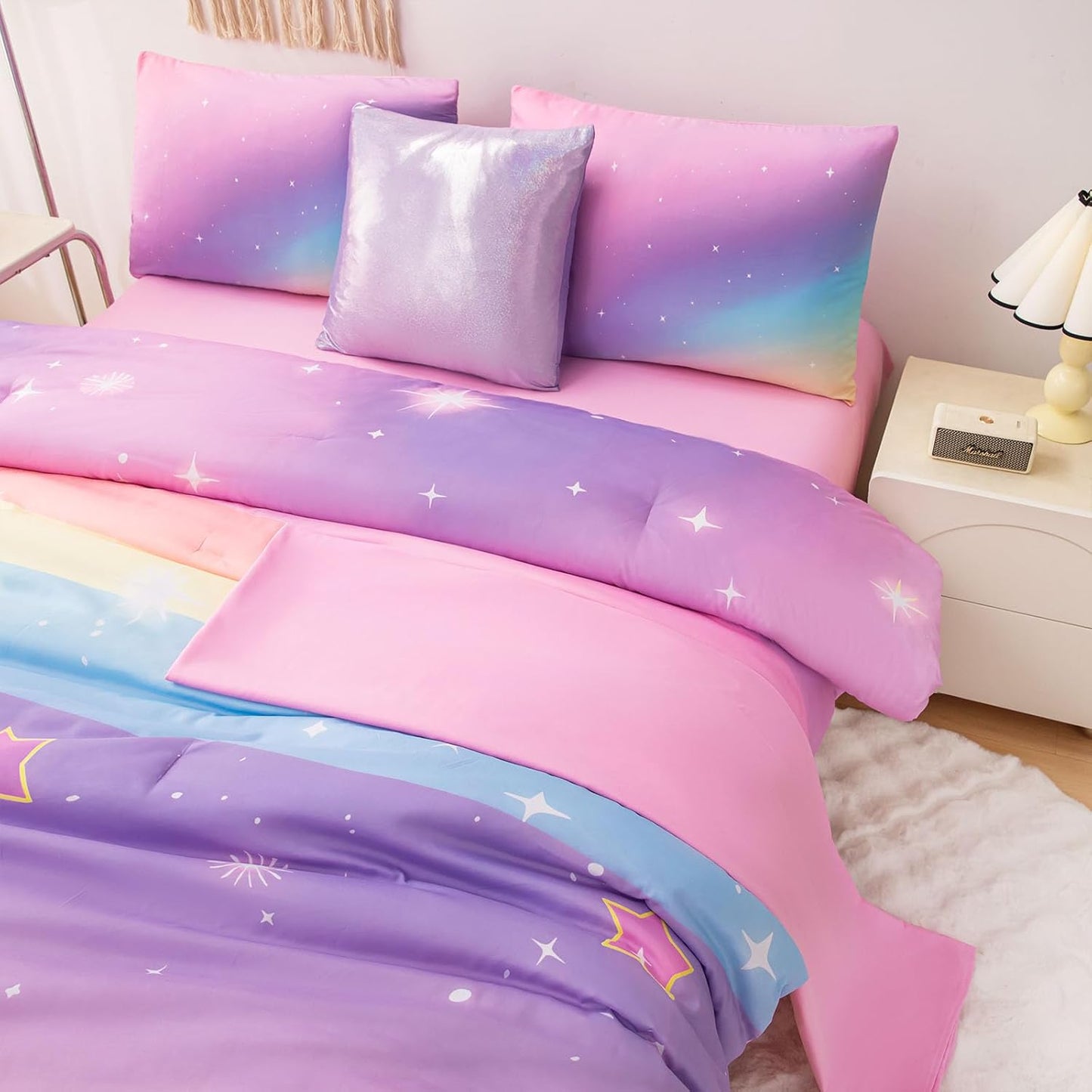 Rainbow Bedding Set Full Size – 6-Piece Reversible Girls Comforter with Deep-Pocket Sheet, Gradient Galaxy Design, Whole-Piece Filling, Machine Washable Bed-in-a-Bag for Kids Room Makeover & Gifts
