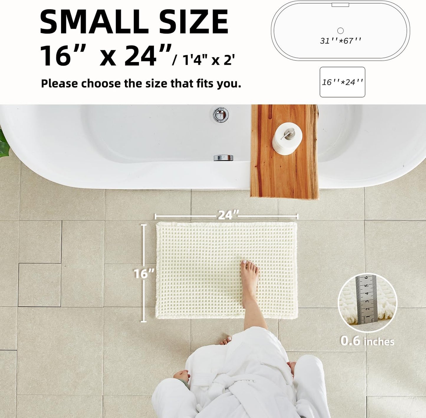 Cream White Bathroom Rugs, Waffle Bath Mat Non Slip Washable Super Absorbent Quick Dry Boho Farmhouse Bathroom Decor, 24"x16" Cream White