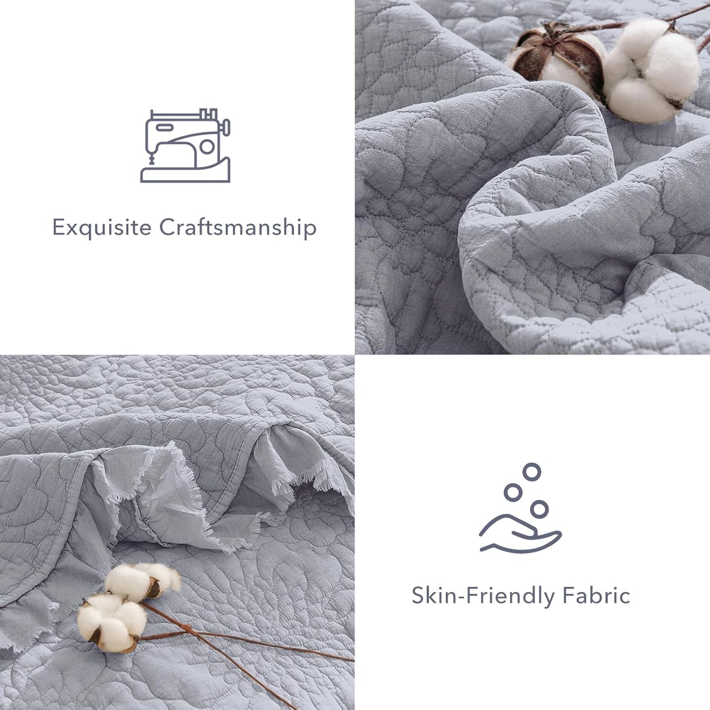 QSH Cornflower Blue Stonewashed Cotton Oversized King Quilt Bedspread Set(128"x120"),3PCs Farmhouse Ruffle Bedspread California King,Ultra Soft Lightweight Crinkle Quilt Coverlet with Pillow Shams