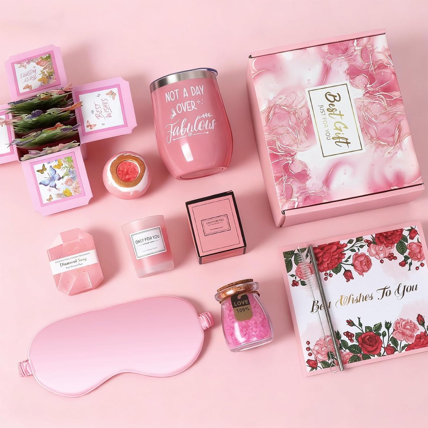 Spa Gift Basket with Bath Essentials- Pink Rose Relaxation Kit Set, Spa Items Box for Christmas Birthday Thanksgiving Holiday Women, Wife, Mom, Sister, Girlfriend