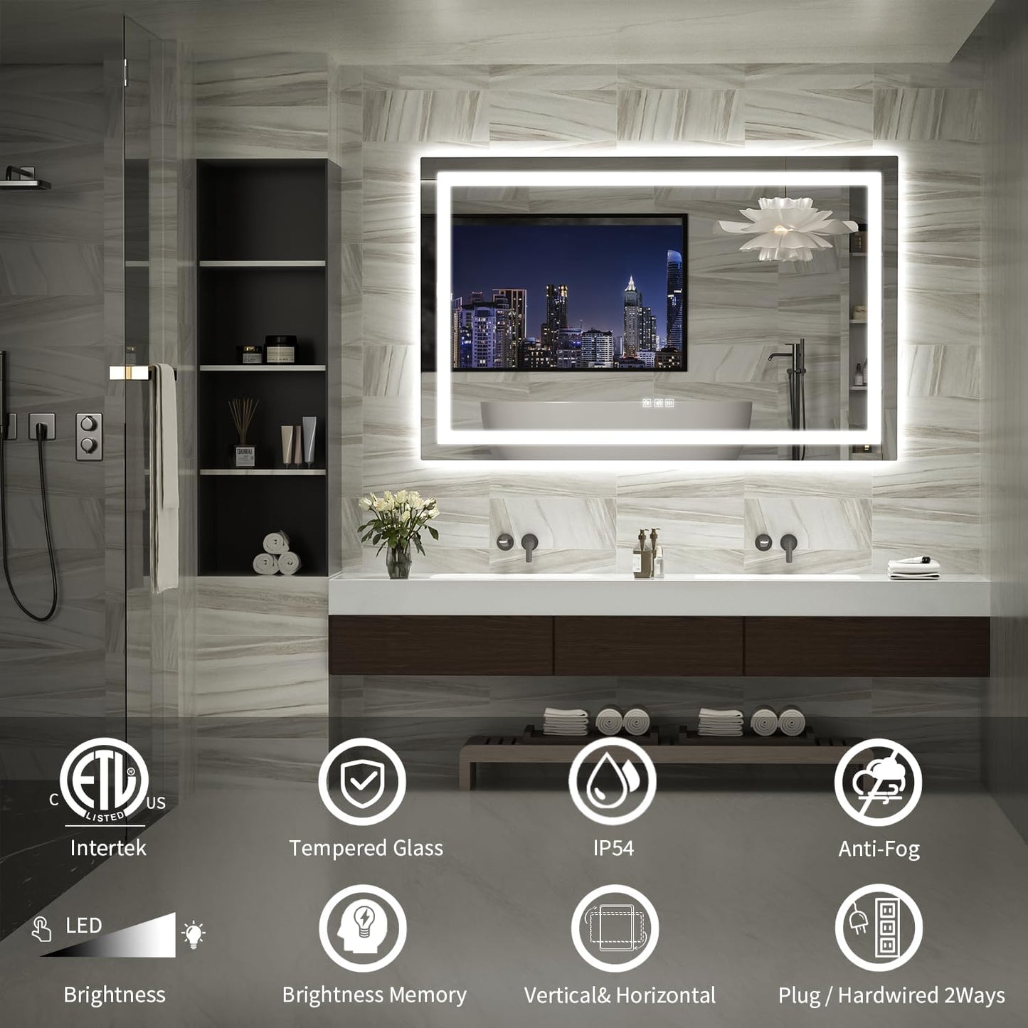 LED Mirror for Bathroom, 55x36 Inch Backlit + Front Lighted Bathroom Vanity Mirror with Lights, Double Light Strips, 3 Colors, Shatter-Proof, Anti-Fog and Brightness Memory
