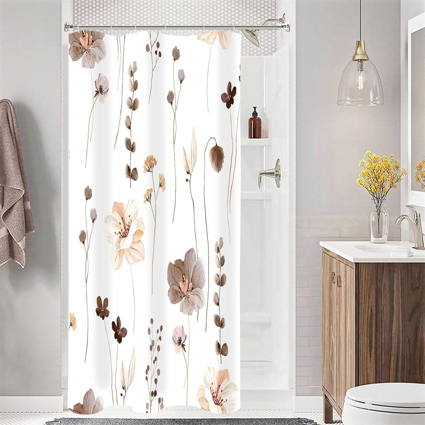 Gibelle Small Stall Shower Curtain 36 x 72, Narrow Half Watercolor Floral Fabric Shower Curtain, Brown Beige Flower Decorative Bathroom Shower Curtain Set with Hooks