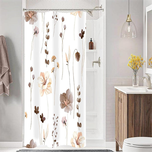 Gibelle Small Stall Shower Curtain 36 x 72, Narrow Half Watercolor Floral Fabric Shower Curtain, Brown Beige Flower Decorative Bathroom Shower Curtain Set with Hooks