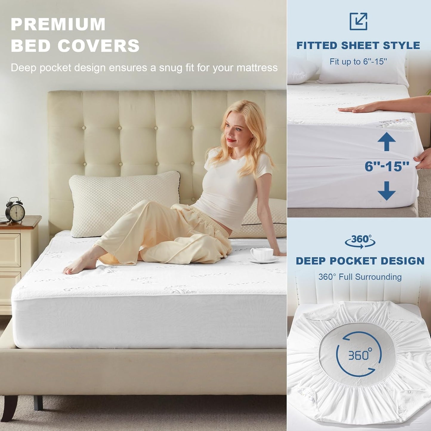 BEDLORE Twin XL Size Waterproof Mattress Protector Viscose Derived from Bamboo, Soft Mattress Cover Fitted with Deep Pocket 6"-15", Breathable & Cooling Noiseless Mattress Pad, Machine Washable(White)