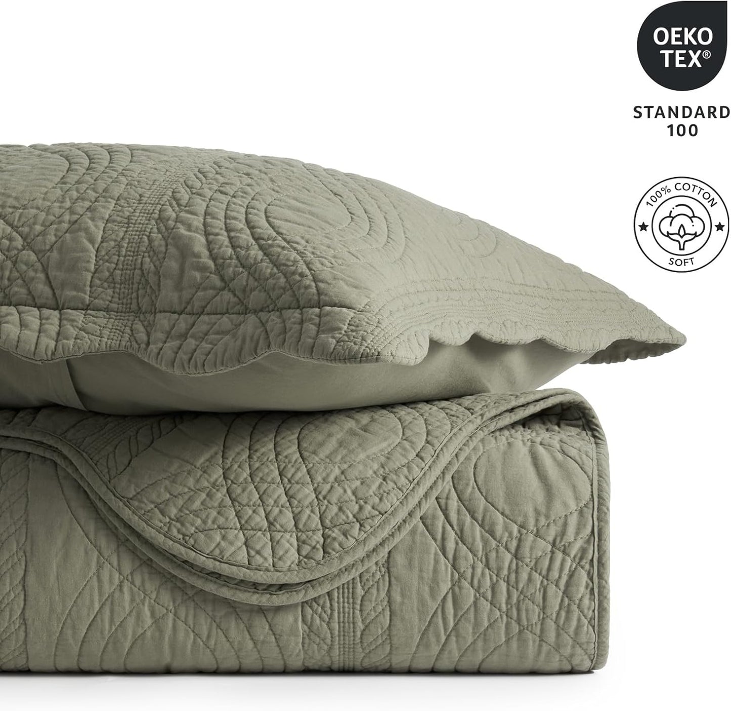 EVERGRACEHOME 100% Cotton Scallop Quilt Set, King Size 3 Piece Set – Lightweight Bedspread with 2 Shams, Soft Prewashed Matelasse Coverlet for Cozy and Elegant Bedding, Olive Green