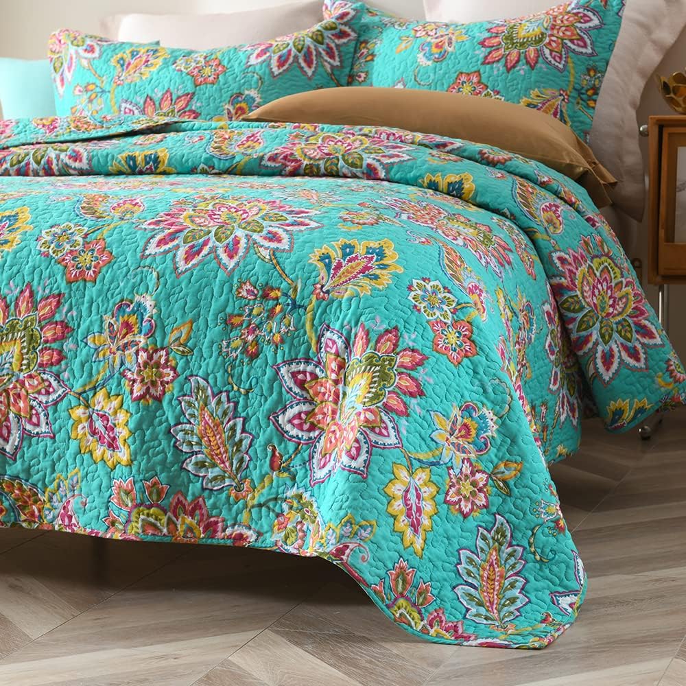 Cotton Bedspread Bedding Coverlet Quilt Sets, Reversible Vintage Branch Floral Bedspread comforters, (Vintage Turquoise Paisley Floral Pattern, King Size)