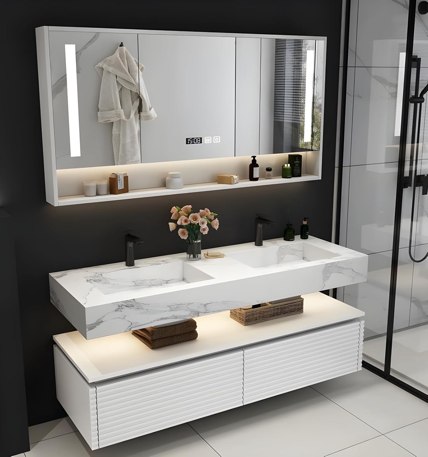Double Sink Bathroom Vanity, Floating Bathroom Vanity with LED Smart Defogging Mirror and One-Piece Sink, Modern Bathroom Vanities with Open Floating Shelf, Rock Countertop & Faucet (White,72")