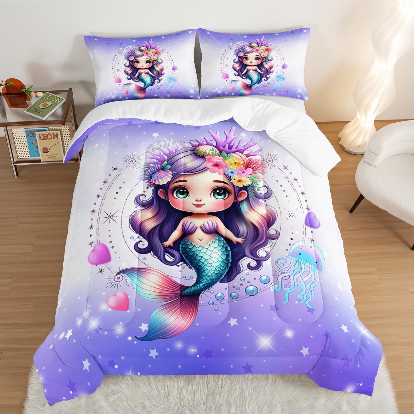 Cute Mermaid Pattern King Comforter Set,Star Jellyfish Ocean Themed Bedding Sets for Kids Toddlers Girls Boys Room Decor,Princess Bedding with 2 Pillowcases.