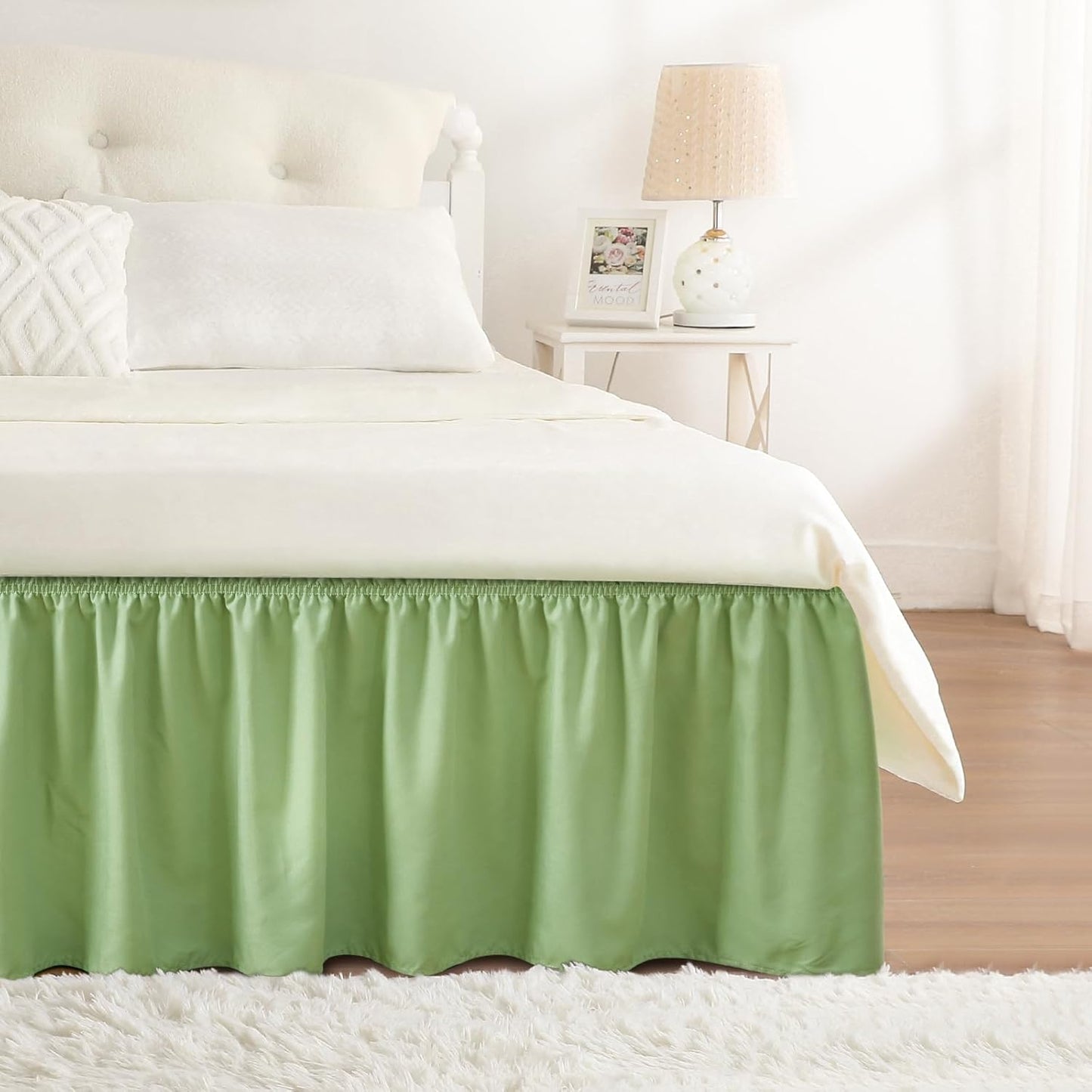 RIMELA Light Green Bed Skirt Queen Size 15 Inch Drop, Elastic Bed Skirting for Adjustable Bed Base and Frame, Bedding Dust Ruffle Easy to Install, Wrap Around Bedskirt