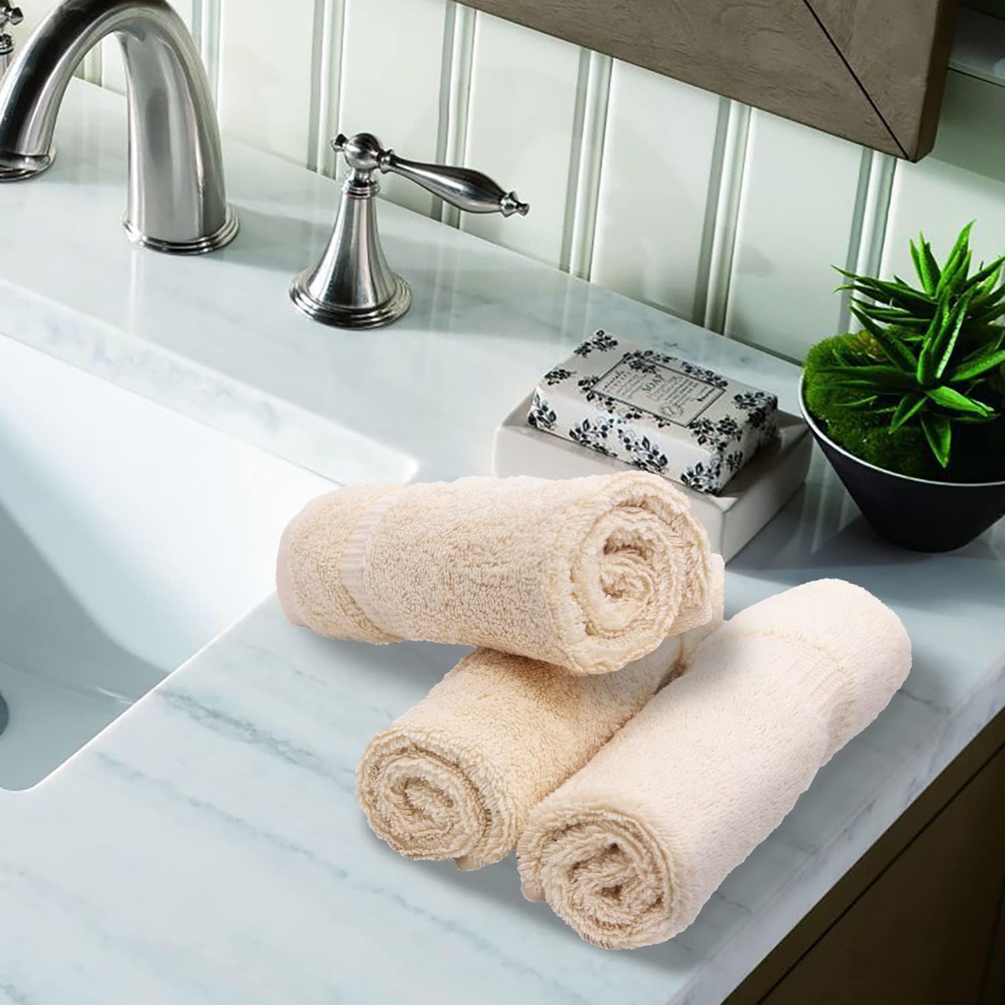 Luxury Hotel & Spa Collection, 100% Turkish Cotton 700 GSM Cloth, for Body wash, Makeup Remover & Facial Cleaning, Baby, face, Dobby Border Soft washcloths Towel Set 13" X 13", Beige, Set of 6