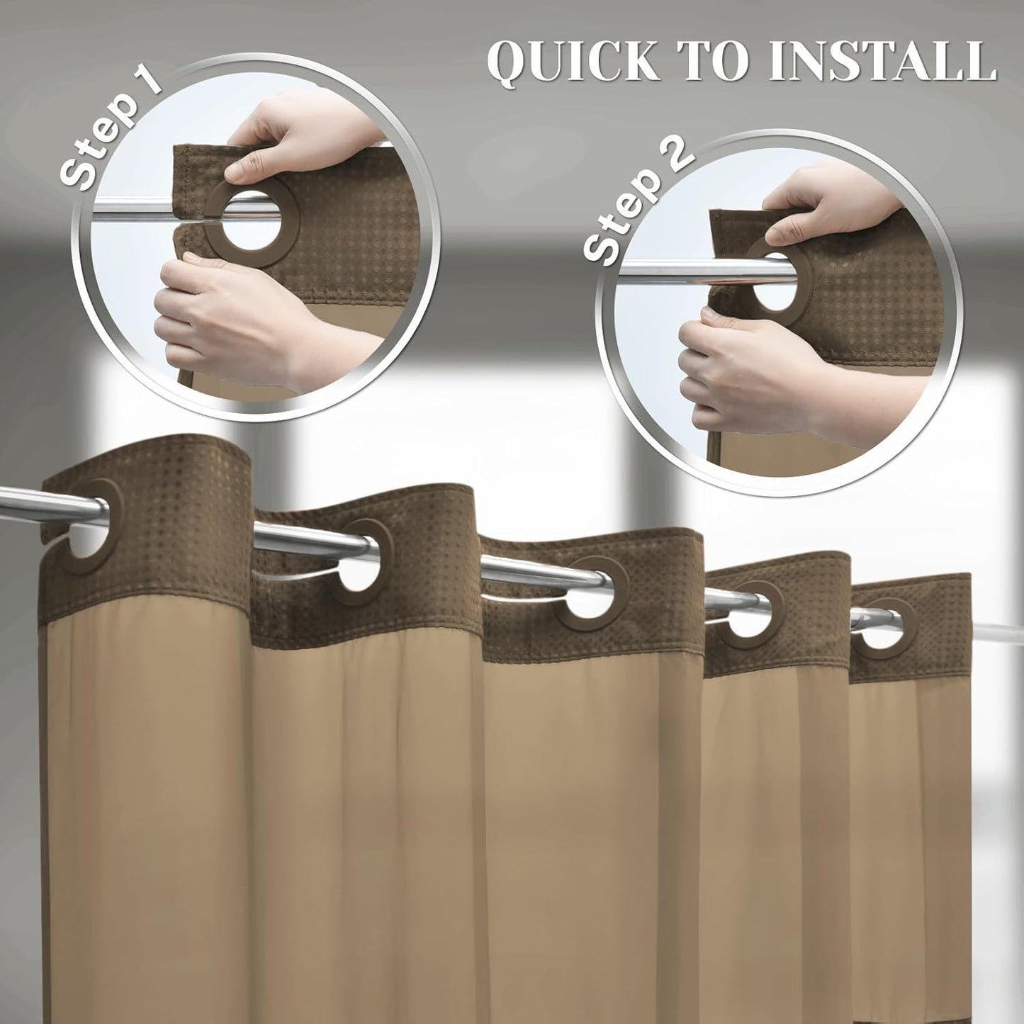 No Hook Shower Curtain with Snap in Liner Set Waffle Shower Curtain for Bathroom Hotel Style Fabric Waterproof Inner Liner，71" W x 74" H, Brown