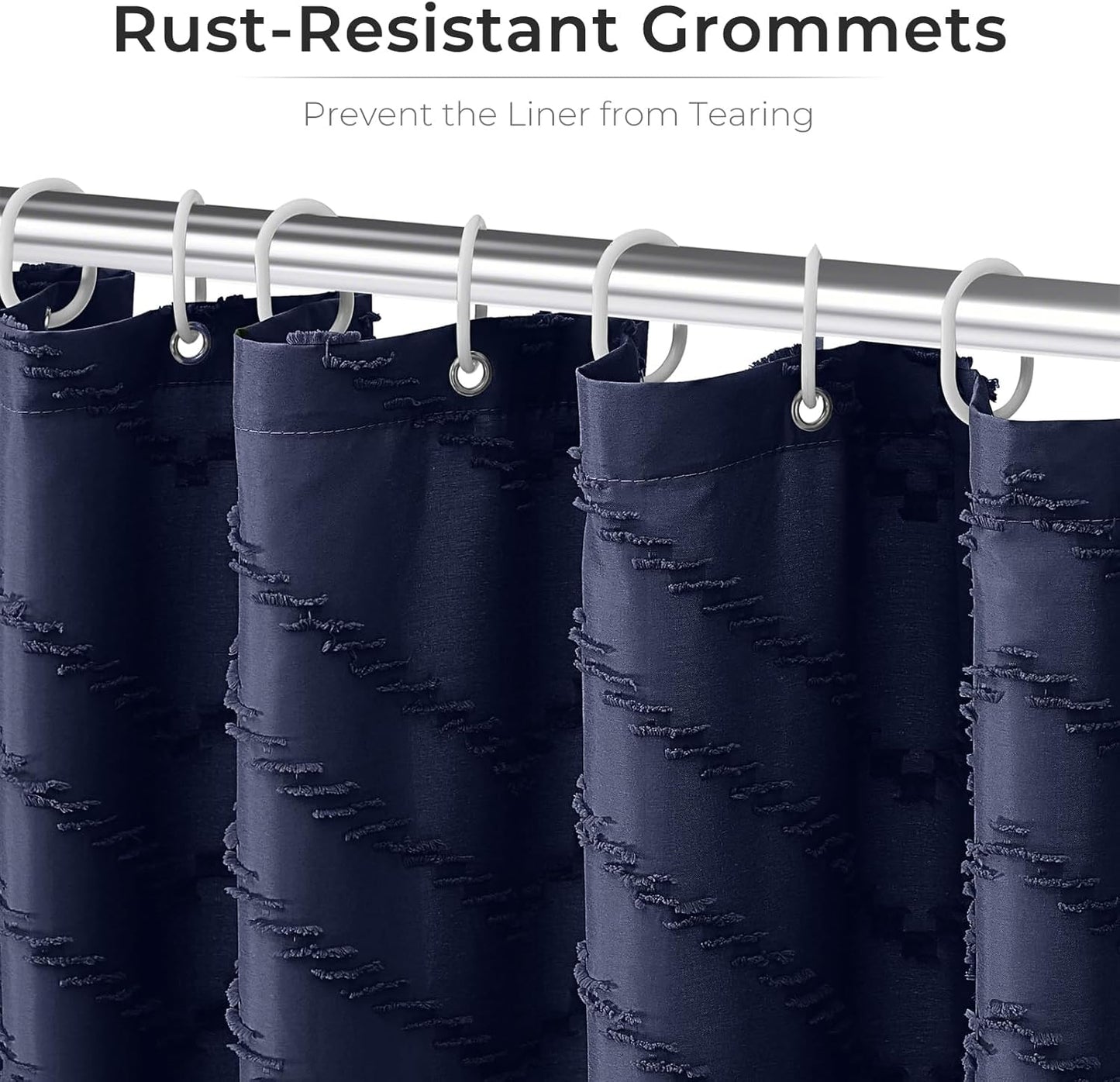 Navy Blue Fabric Shower Curtain Boho Tufted Chevron Striped Textured Cloth Curtains for Bathroom Farmhouse Shabby Chic Waterproof Set with Hook, Wrinkle Free
