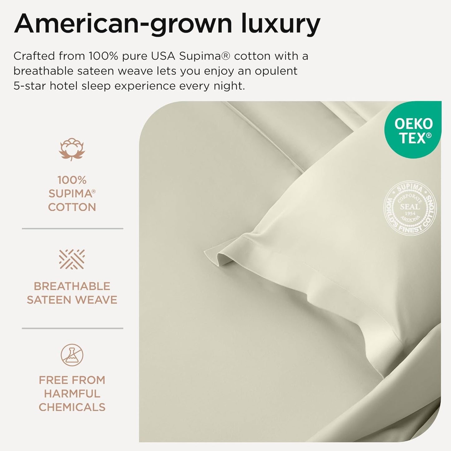 Threadmill Supima Cotton Sheets - Queen, 1000 Thread Count, 4 Piece Luxury Bedding Set, Hotel Quality Sateen Weave, Ivory with Elasticized Deep Pocket