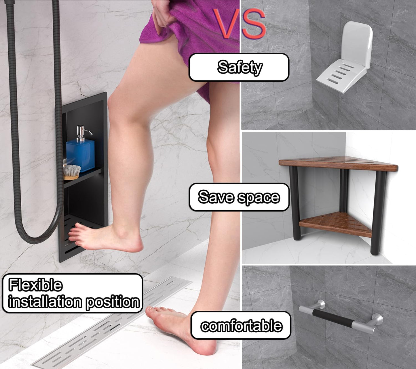Shower Foot Rest for for Shaving Legs,Double Bathroom Selves Niche Insert for Footrest,Foot Holder Bathroomr,Stainless Steel 304，Matte Black,12.2 in x 4.8 in x 3.9 in