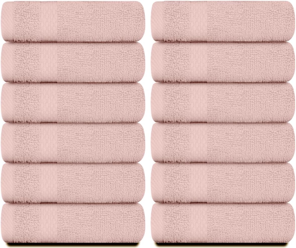 White Classic Luxury Cotton Washcloths 13x13 Inch - 650 GSM Turkish Cotton | Hotel, Spa, Bathroom Face Towel | 12 Pack, Pink