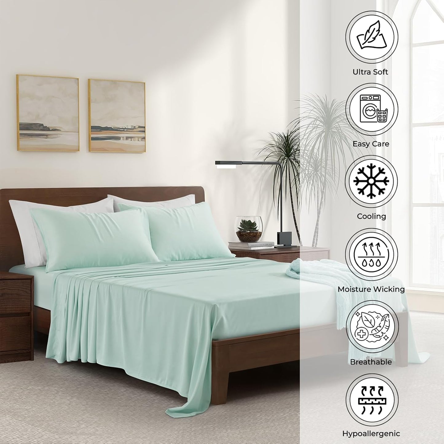 Luxury Bamboo Market | Queen Size Bed Sheet Set | 100% Viscose Made from Bamboo | Organically Grown | Ultra Soft | Cooling Sheets for Hot Sleepers | 17" Deep Pocket [Coastal Green]