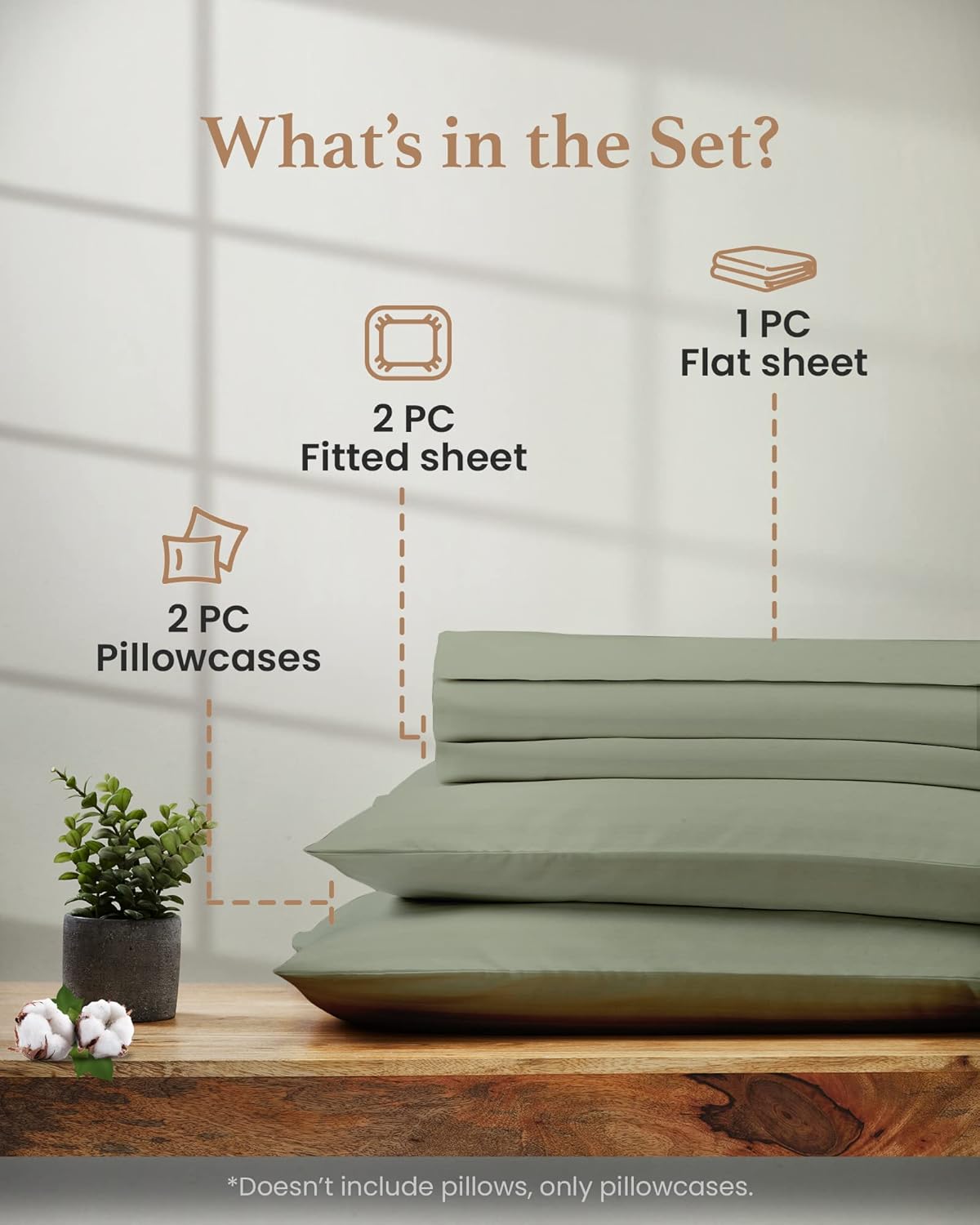 Good Sleep Bedding Split King Sheets Set - 100% Cotton, Egyptian Cotton, 5 Piece Set, 2 Fitted - 16" Deep Pocket, Sateen, Sage