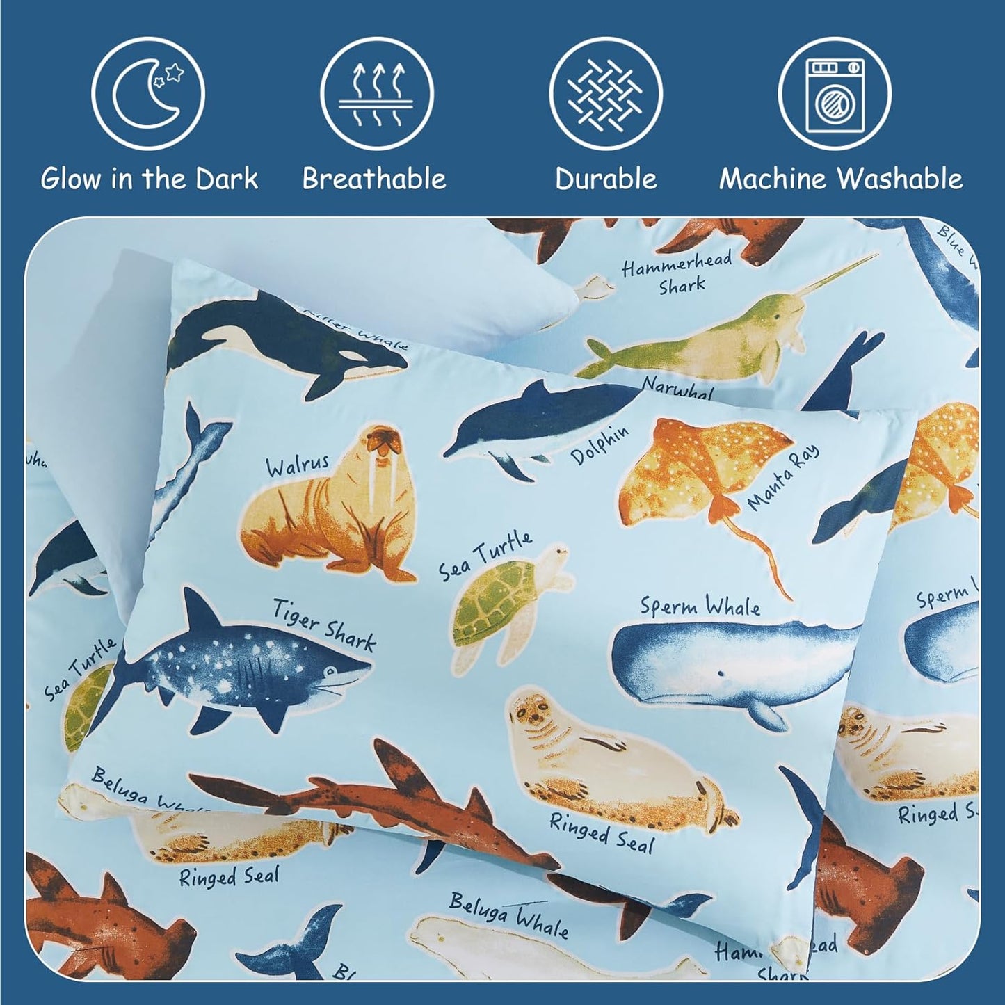 Kids Comforter Set Full Size for Boys, Glow in The Dark Sea World Bedding Set 1 Comforter, 1 Decor Pillow, 2 Pillow Shams