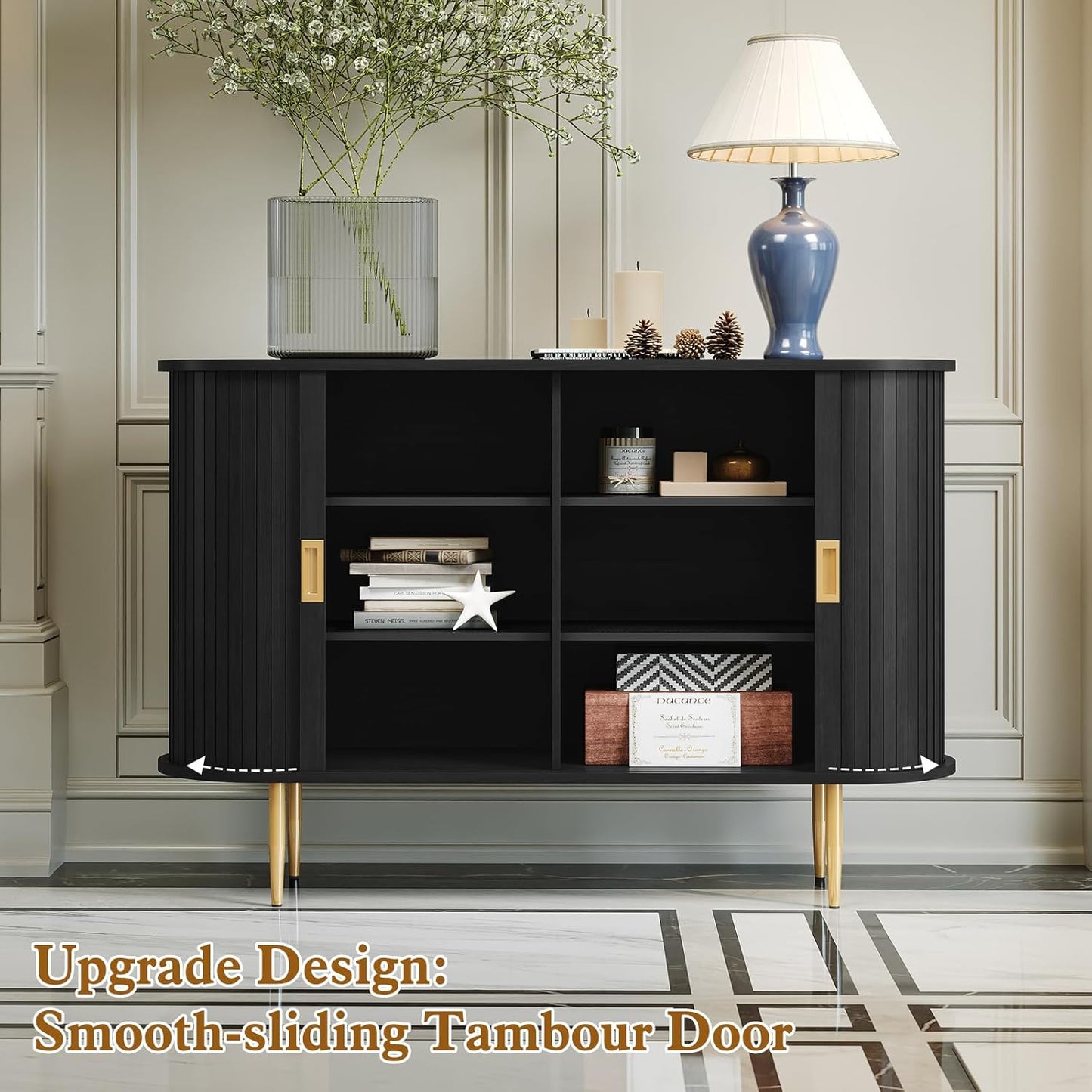 ARTPOWER 47.2" Sideboard Buffet Cabinet with Tambour Door, 6 Heights Adjustable Shelves, Accent Console Cabinet with Storage, Modern Credenza for Living Room, Dining Room, Entryway, Black