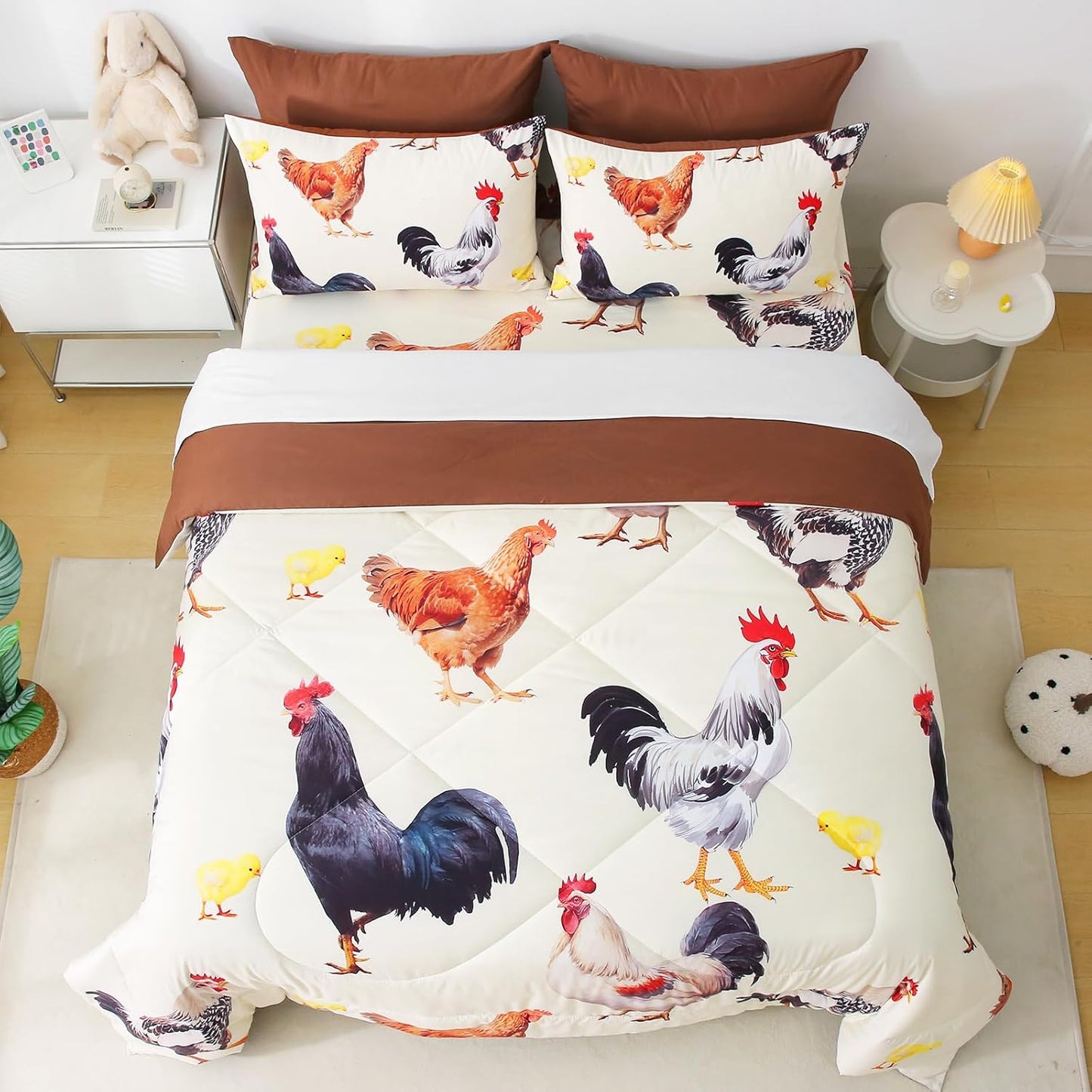Wajade Chicken Comforter Set 7 Pcs Animal Theme Bedding Set Full Size for Kids Adults Chicken Quilt Farm Theme Printed Pattern for Thanksgiving Birthday