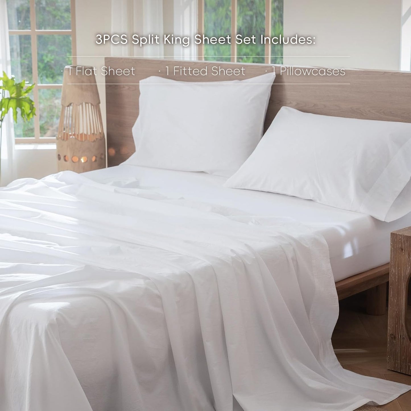 MooMee Bedding Sheet Set 100% Washed Cotton Linen Like Textured Breathable Durable Soft Comfy (Solid Bright White, Twin XL)