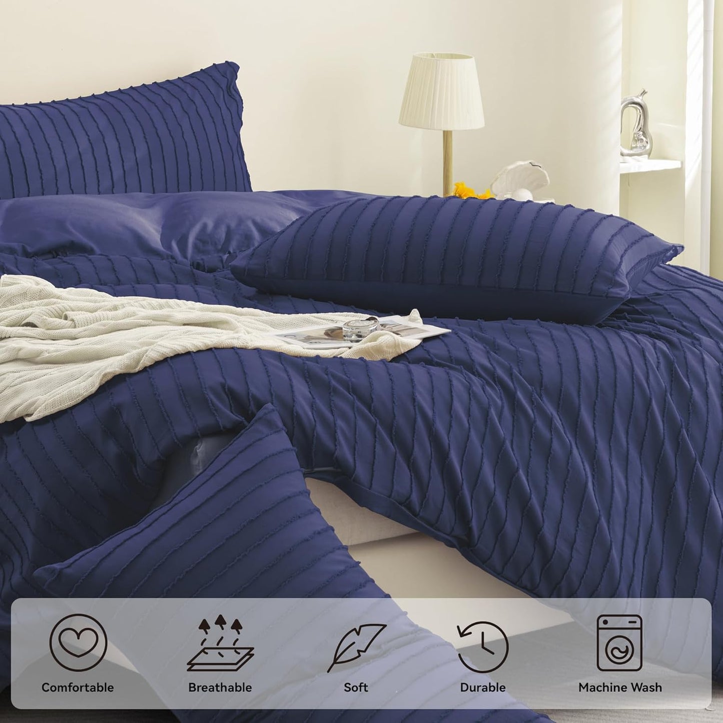 JELLYMONI Duvet Cover Twin Size Navy Blue - 3PCS Boho Striped Duvet Cover Set Polyester Tufted Bohemian Textured Comforter Cover 68×90in with Corner Ties & Zipper and 2 Pillowcases