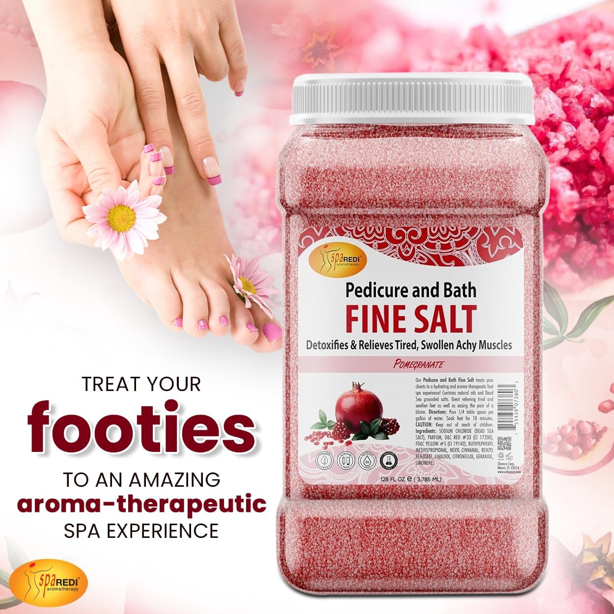 SPA REDI - Detox Foot Soak Pedicure and Bath Fine Salt, Pomegranate, 128 Oz - Made with Dead Sea Salts, Argan Oil, Coconut Oil, and Essential Oil - Hydrates, Softens and Moisturizes