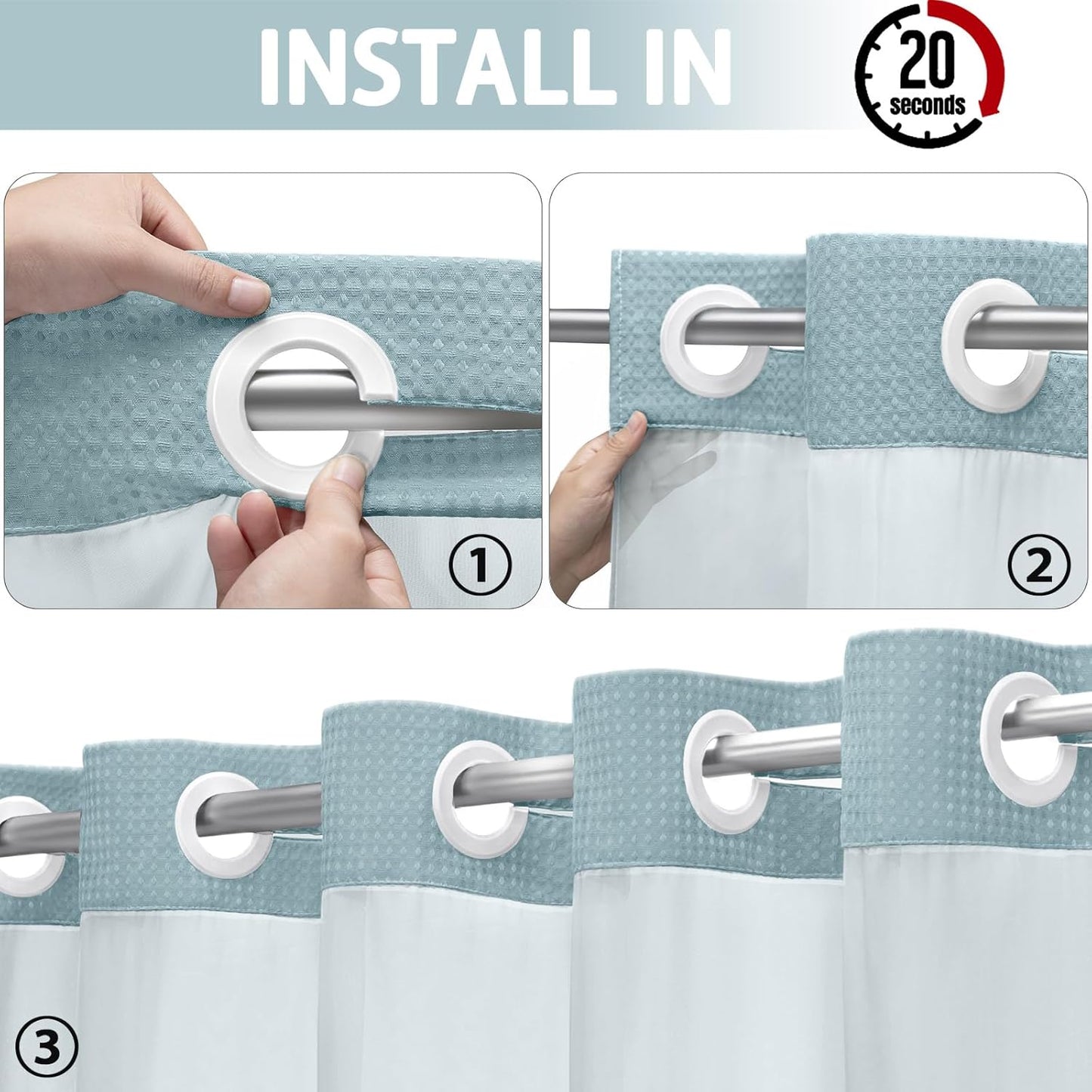 YellyHommy No Hook Shower Curtain with Snap in Liner Set Less Waffle Shower Curtain for Bathroom (Cyan, 87" L x 72" W)