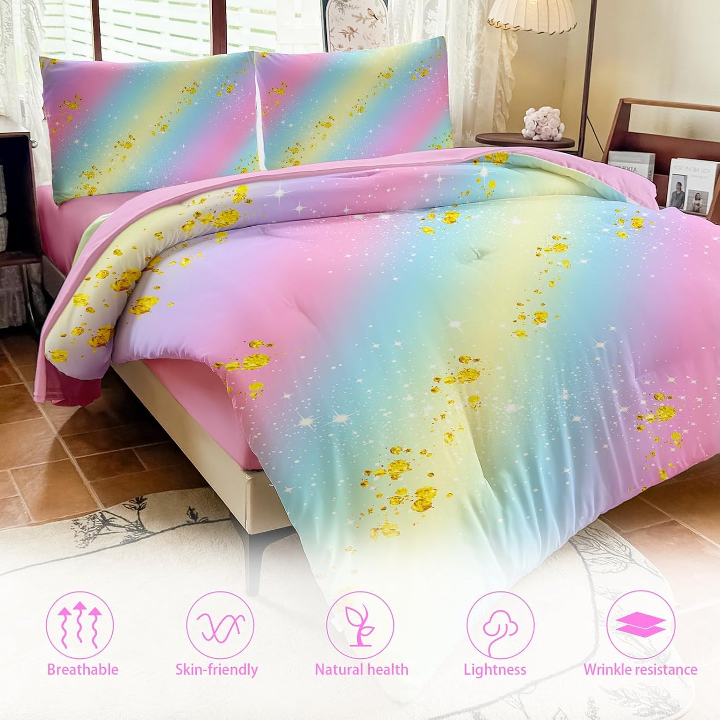 Girls Full Size Bedding Sets Rainbow Bedding – 5 Piece Comforter Set Full, Gradient and Colorful Galaxy Comforter for All-Season – Machine Washable, Durable – Gift Idea for Boys and Girls Room