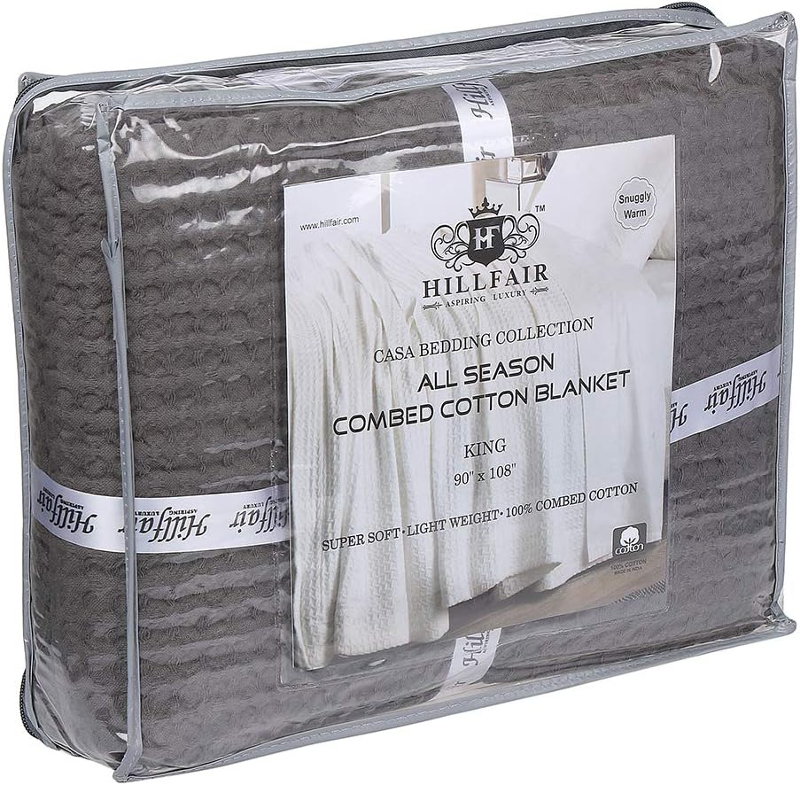 HILLFAIR 100% Combed Cotton Blanket– Twin XL Size Bed Blankets– Warm Soft All Season Breathable Lightweight Summer Blankets– Waffle Weave Home Decor Bed Blanket- Grey Bed Cotton Blankets/Bedcovers