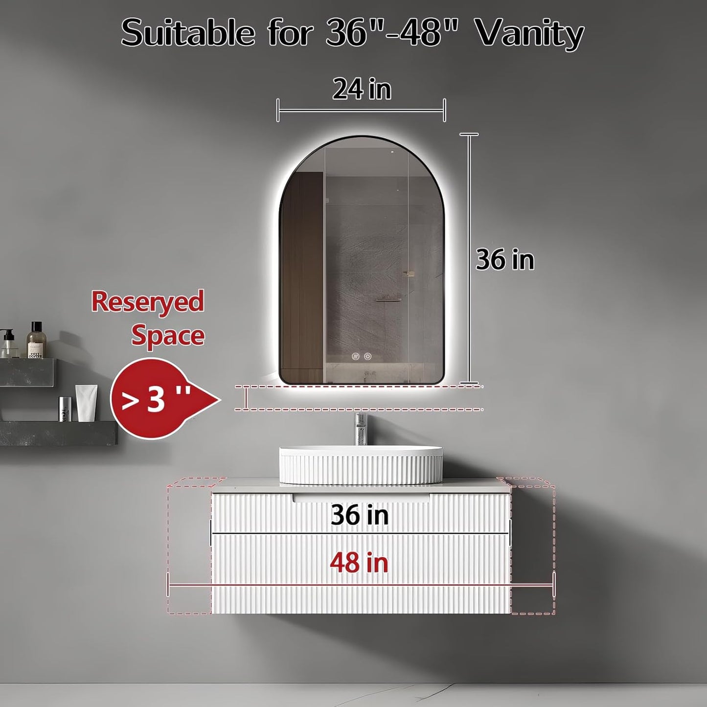 Niccy Arched LED Lighted Bathroom Mirror, 36x24 Inch Backlit Vanity Mirror with Lights Brushed Black Framed Wall Mounted Mirrors with Dimmable 3 Color Shatterproof Arch Smart Fog Free Mirror