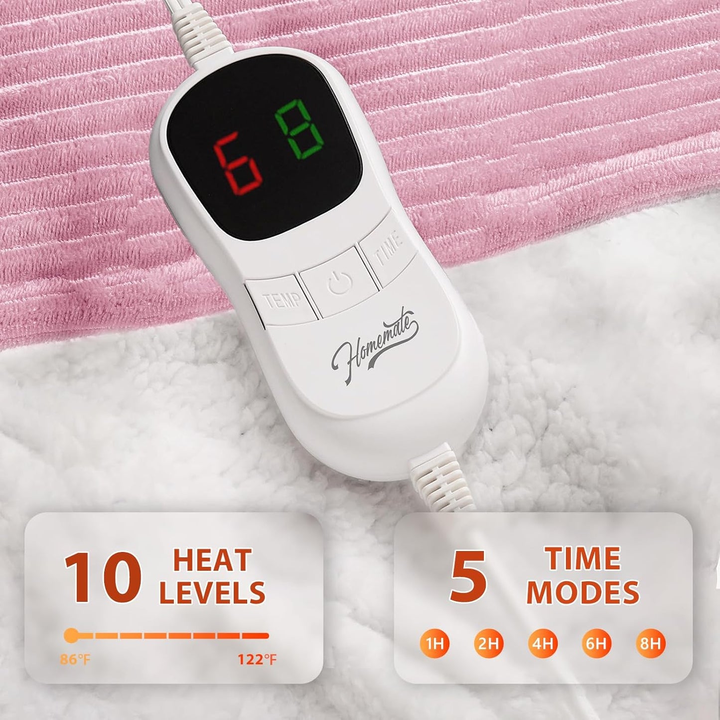 Homemate Electric Heated Blanket Full Size - 72"x84" Heating Blanket Full Size 1/2/4/6/8 Hours Auto-Off 10 Heat Level Over-Heat Protection Soft Flannel Sherpa ETL Certification